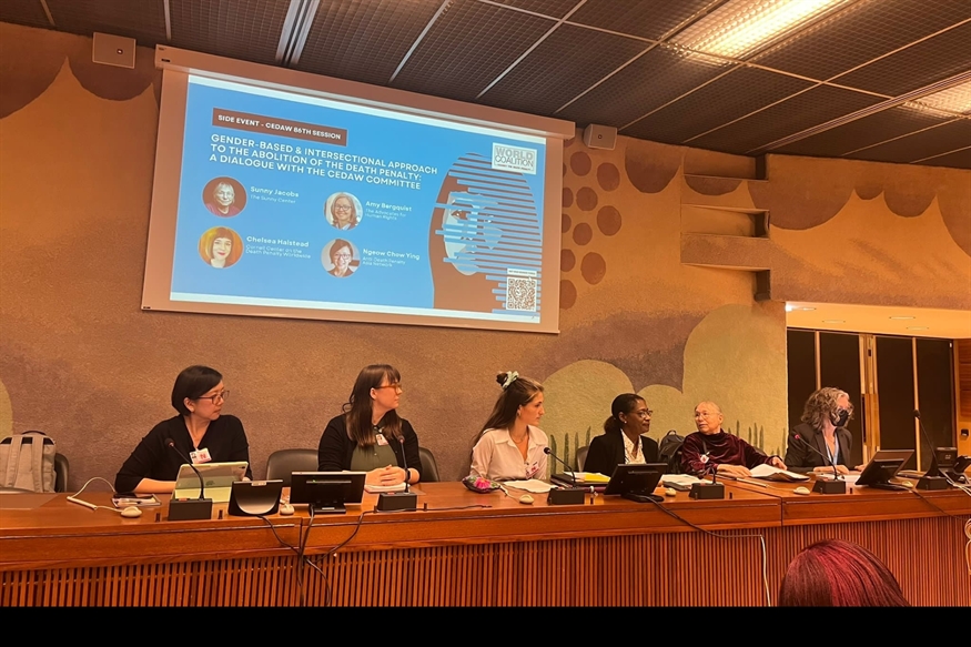 Panel briefing the CEDAW Committee - Amy Bergquist is far right and Sunny Jacobs is 2nd from right